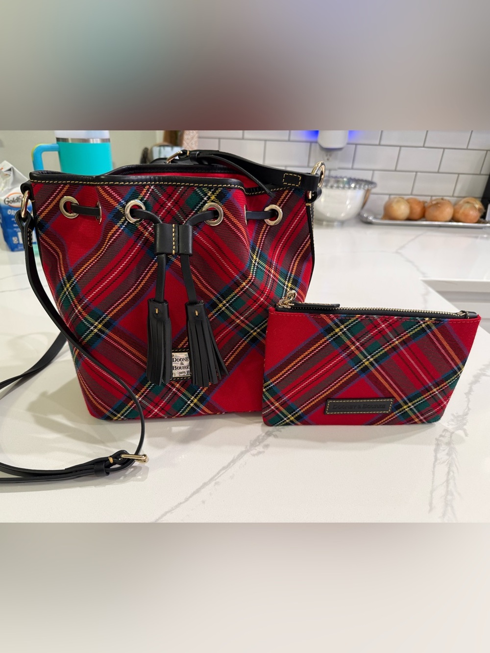 Dooney & Bourke Red Tartan Drawstring Bucket Bag with Matching Pouch